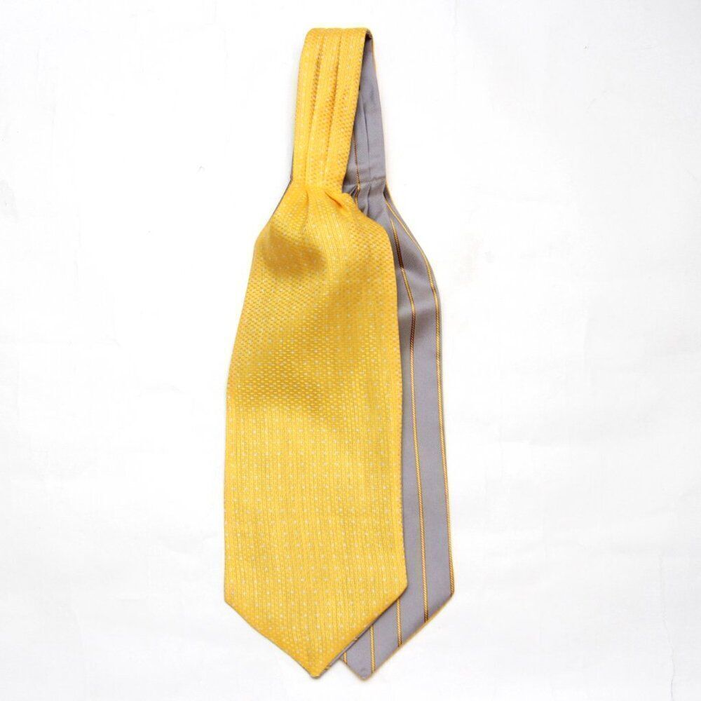 Men's Reversible 100% Silk Cravat Ascot Yellow Gray Stripe w/ Box A166 - Picture 3 of 6